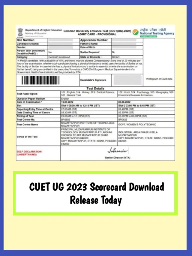 CUET UG 2023 Scorecard Download Release Today